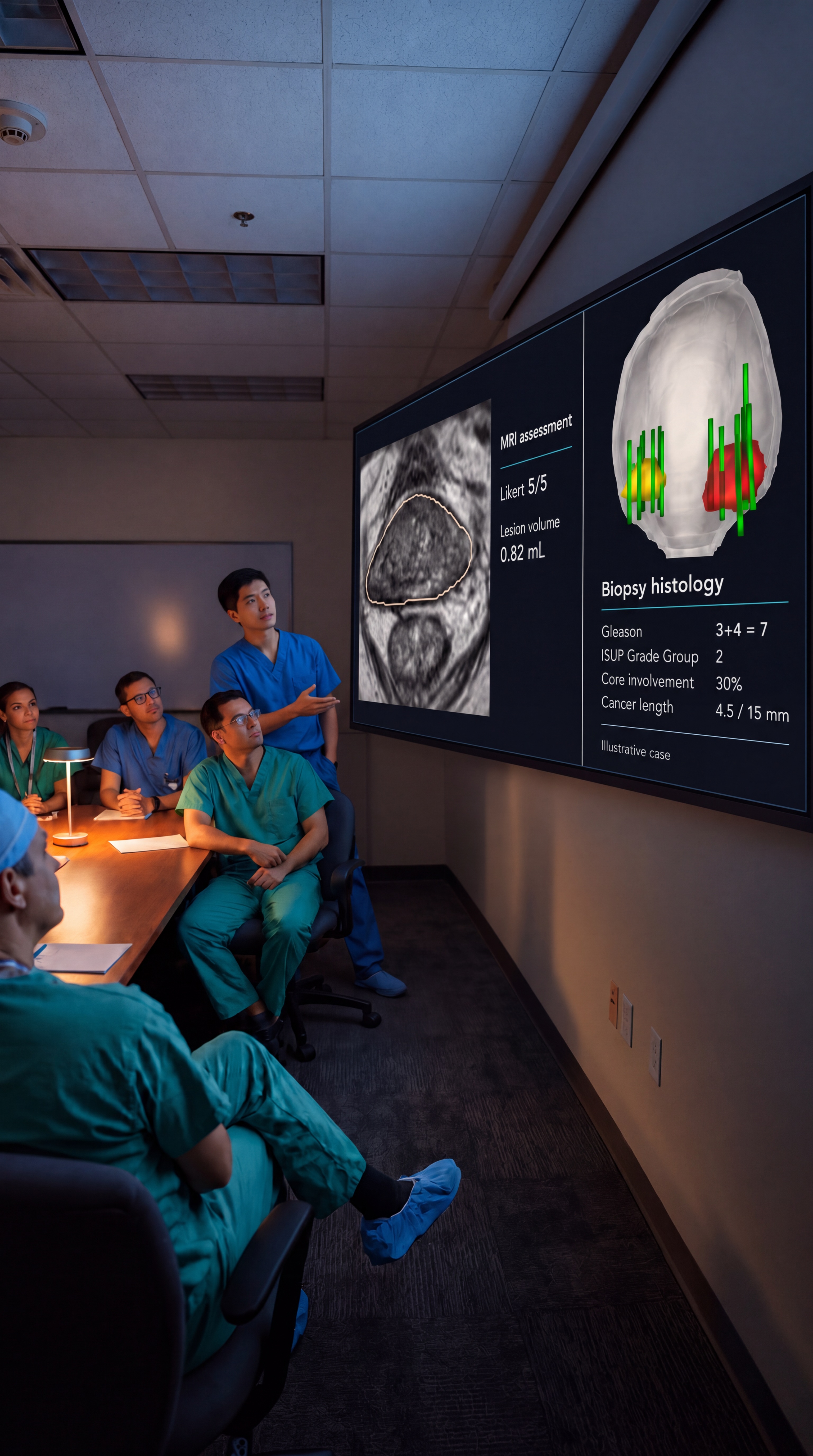 Multidisciplinary team reviewing a prostate MRI and 3D model with biopsy results
